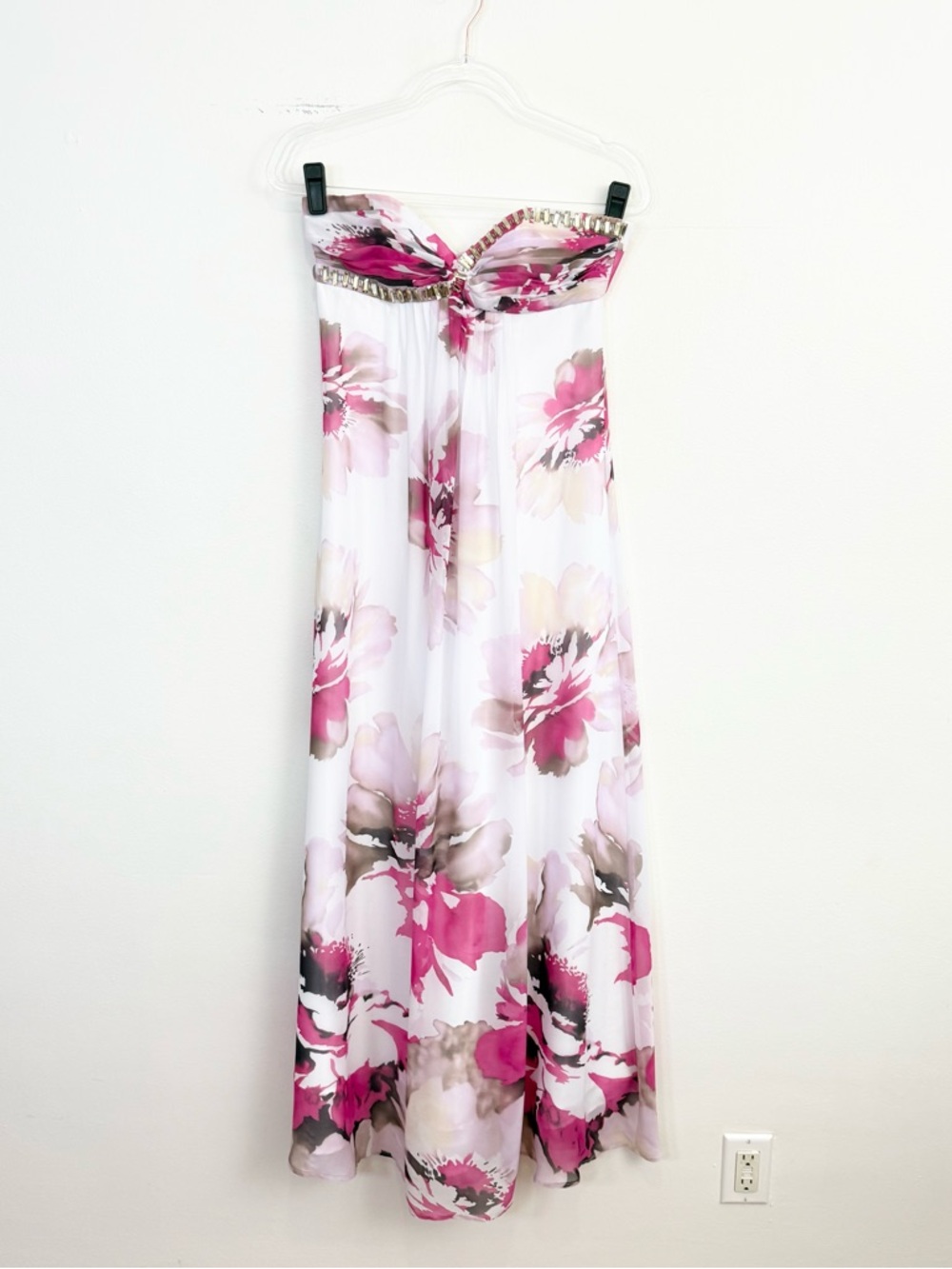 Cache Y2K Strapless Floral Midi Dress Pink White Beaded Bust Size 2